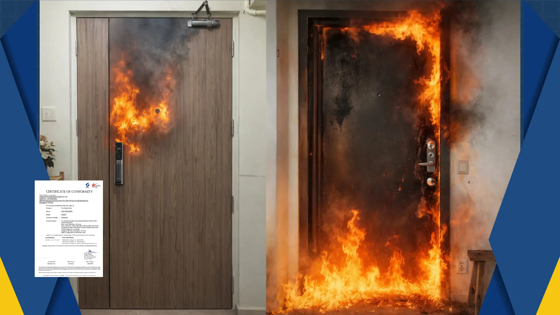 Diagram how fire-rated door contains fire within a unit vs. non-rated door allowing corridor spread