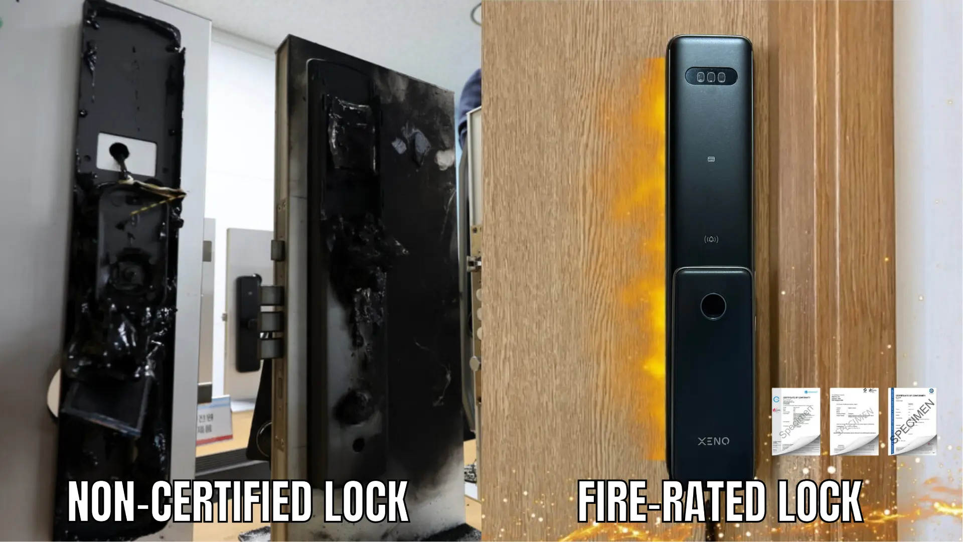Side-by-side melted non-certified lock vs intact fire-rated lock after lab fire test