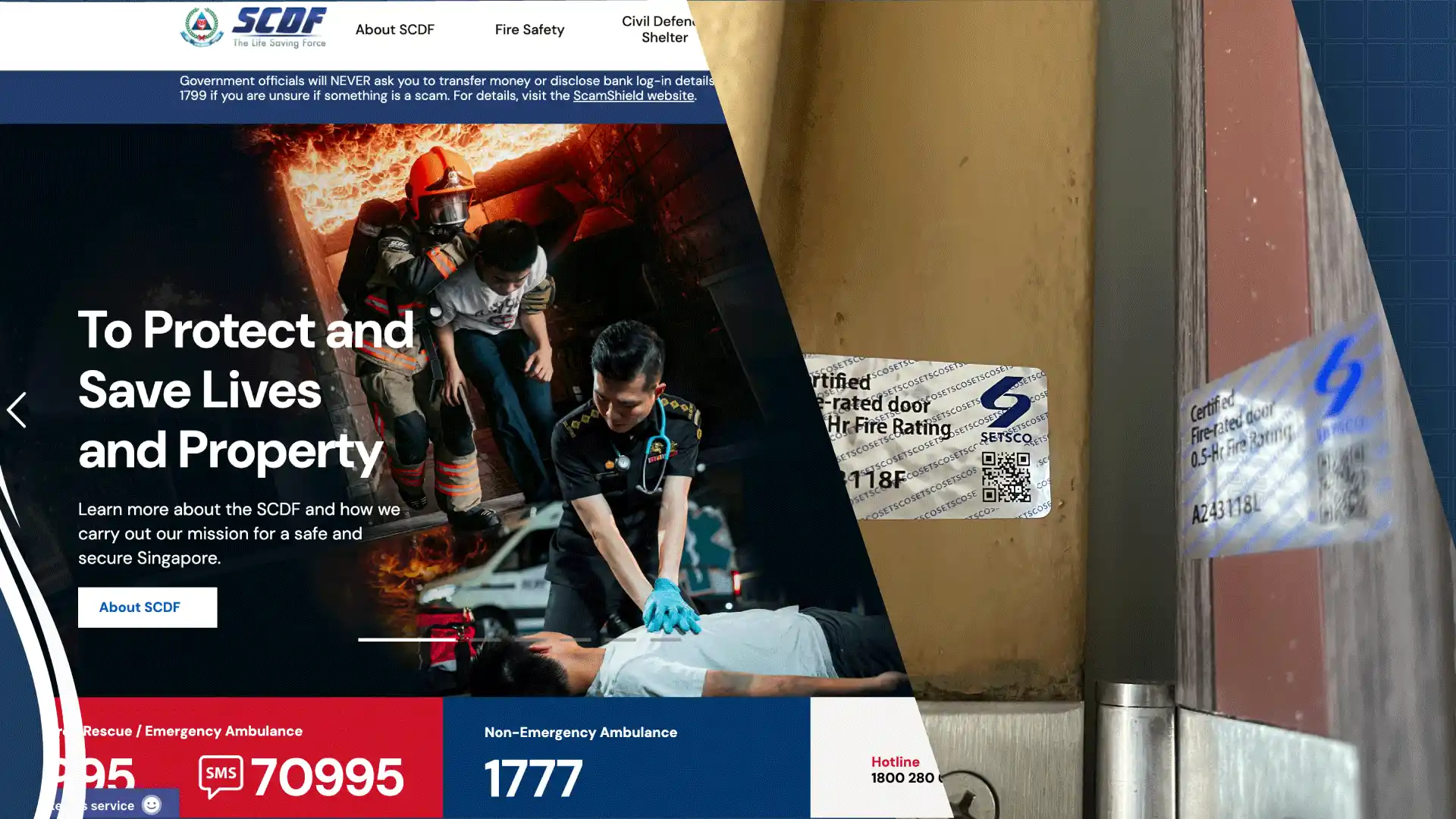 SCDF official advisory page screenshot + HDB fire-rated door serial label close-up